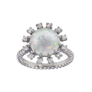 925 Sterling Silver Rhodium Plated Round Flower Opal Stone Ring
