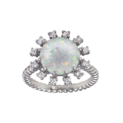 925 Sterling Silver Rhodium Plated Round Flower Opal Stone Ring