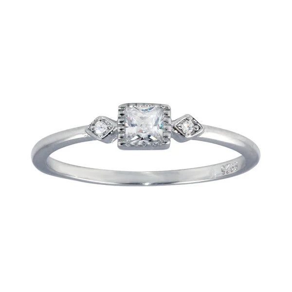 925 Sterling Silver Rhodium Plated Square CZ Center Ring