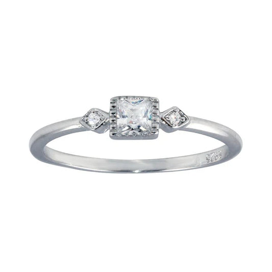 925 Sterling Silver Rhodium Plated Square CZ Center Ring