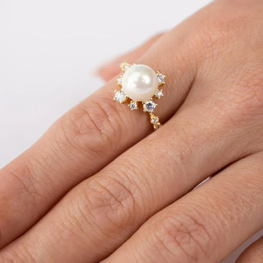 925 Sterling Silver Gold Plated White Pearl Flower Ring with CZ