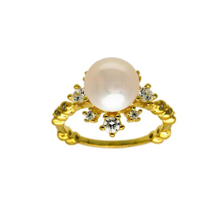 925 Sterling Silver Gold Plated White Pearl Flower Ring with CZ