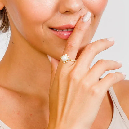 925 Sterling Silver Gold Plated White Pearl Flower Ring with CZ