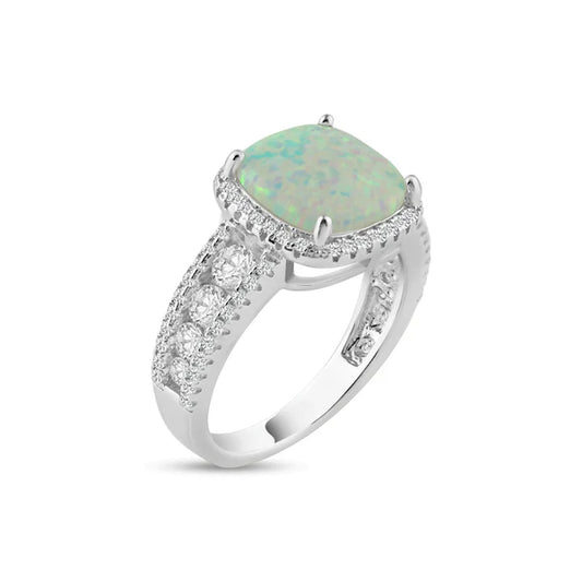 925 Sterling Silver Rhodium Plated Opal Stone With CZ Ring