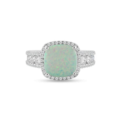 925 Sterling Silver Rhodium Plated Opal Stone With CZ Ring