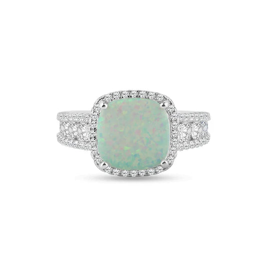 925 Sterling Silver Rhodium Plated Opal Stone With CZ Ring