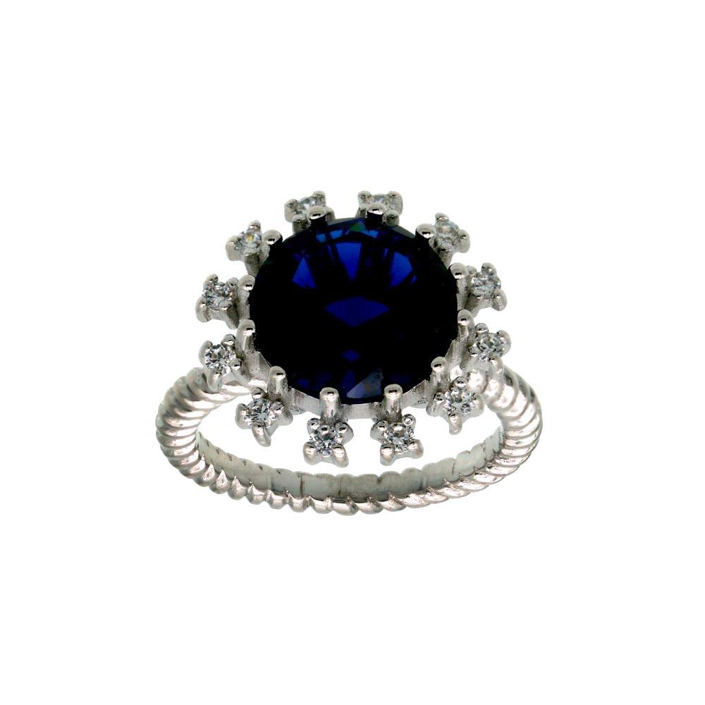 925 Sterling Silver Rhodium Plated Blue Center Flower CZ Ring with Rope Band