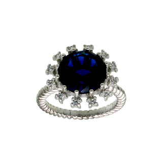 925 Sterling Silver Rhodium Plated Blue Center Flower CZ Ring with Rope Band