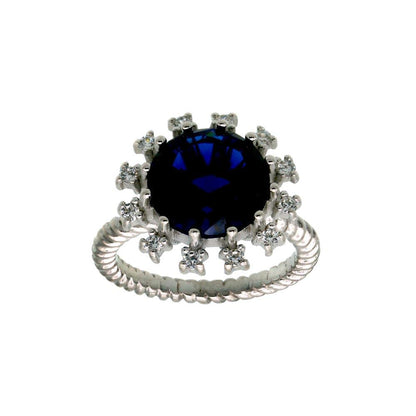 925 Sterling Silver Rhodium Plated Blue Center Flower CZ Ring with Rope Band