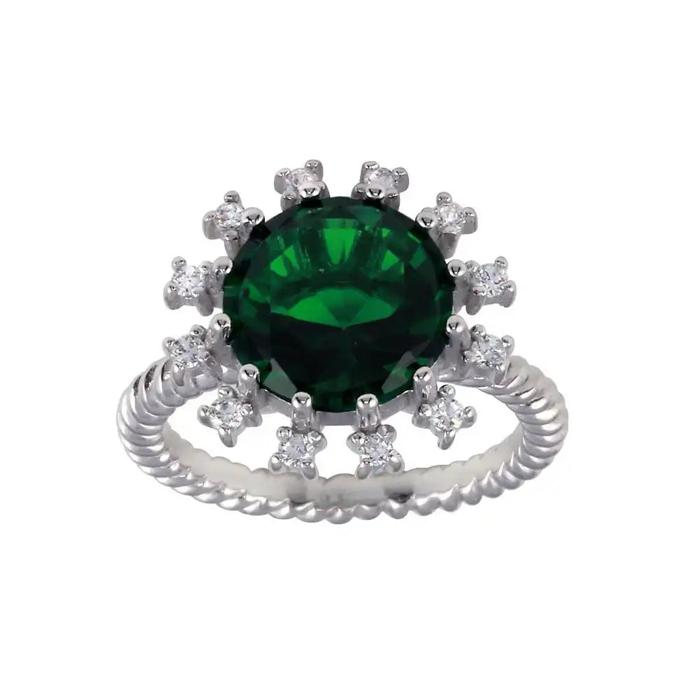 925 Sterling Silver Rhodium Plated Green Center Flower CZ Ring with Rope Band