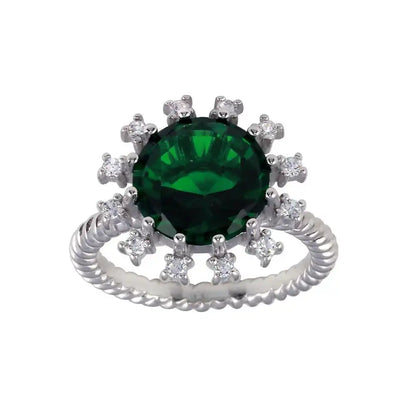 925 Sterling Silver Rhodium Plated Green Center Flower CZ Ring with Rope Band
