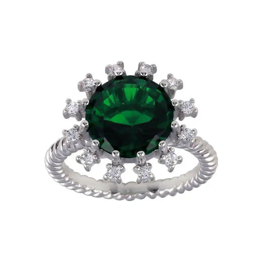 925 Sterling Silver Rhodium Plated Green Center Flower CZ Ring with Rope Band