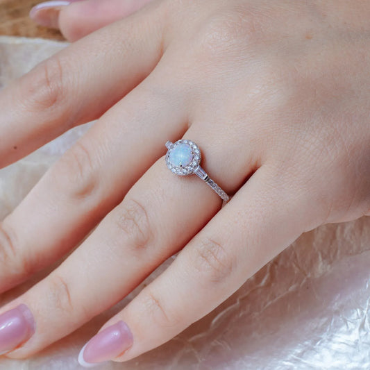 925 Sterling Silver Rhodium Plated Round Halo Opal CZ Ring