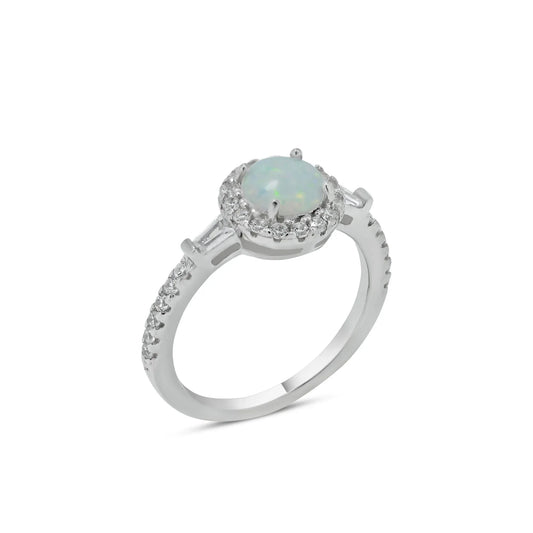 925 Sterling Silver Rhodium Plated Round Halo Opal CZ Ring