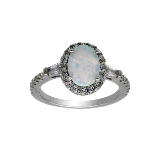 925 Sterling Silver Rhodium Plated Oval Halo Opal CZ Ring