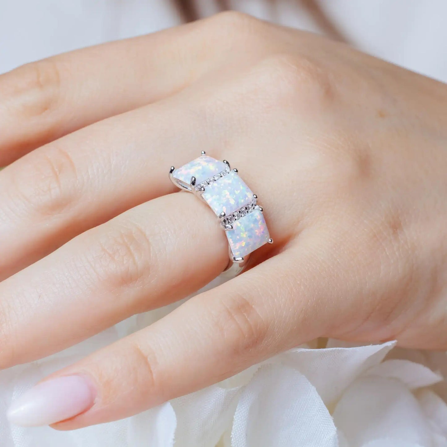 925 Sterling Silver Rhodium Plated Triple Square Synthetic Opal CZ Ring