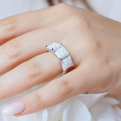 925 Sterling Silver Rhodium Plated Triple Square Synthetic Opal CZ Ring