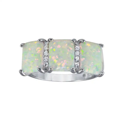 925 Sterling Silver Rhodium Plated Triple Square Synthetic Opal CZ Ring