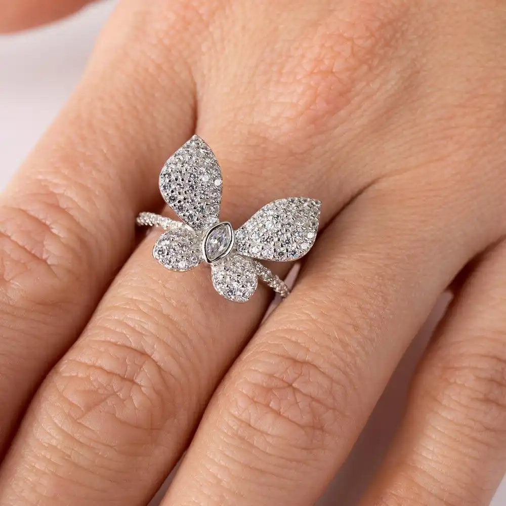 925 Sterling Silver Rhodium Plated Butterfly CZ Ring