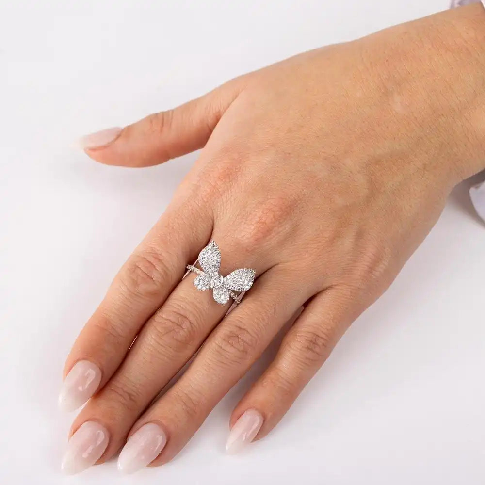 925 Sterling Silver Rhodium Plated Butterfly CZ Ring