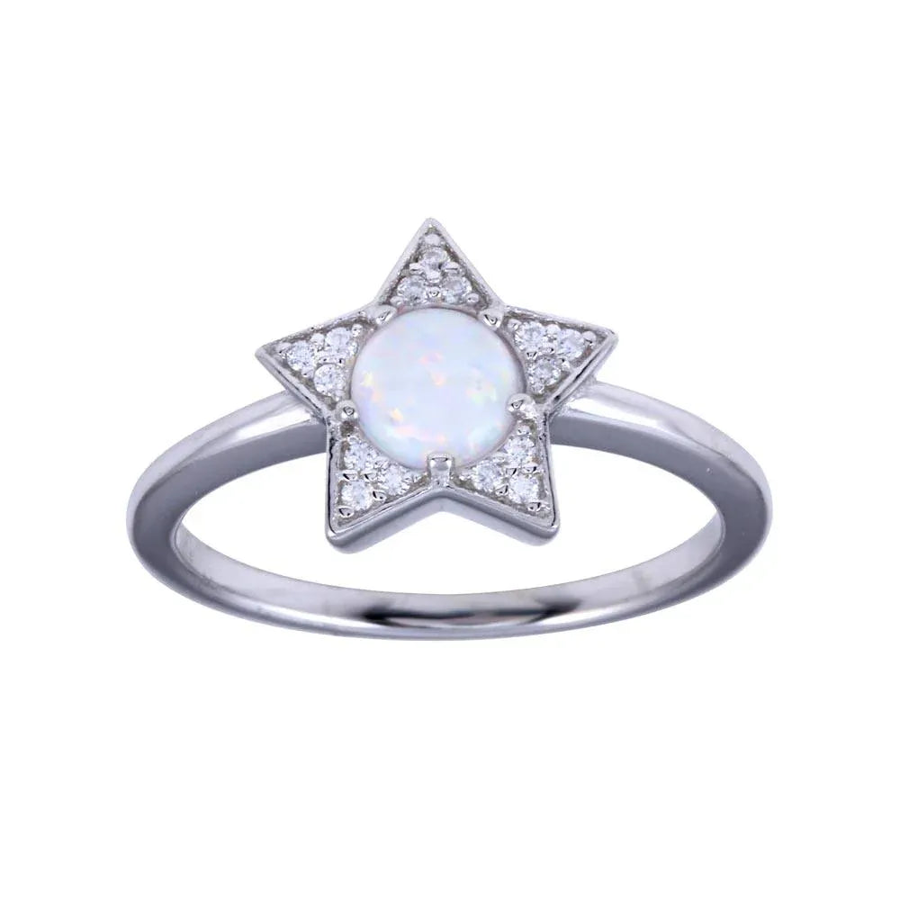 925 Sterling Silver Rhodium Plated Opal Stone Star With CZ Ring