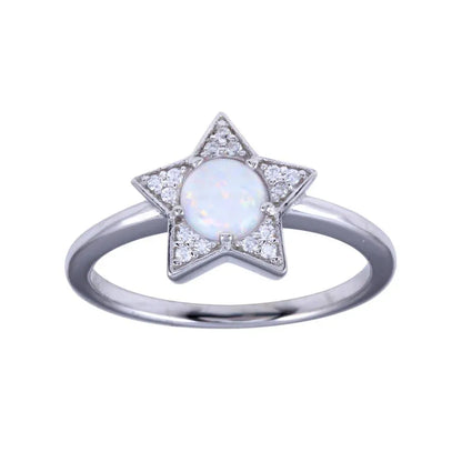 925 Sterling Silver Rhodium Plated Opal Stone Star With CZ Ring
