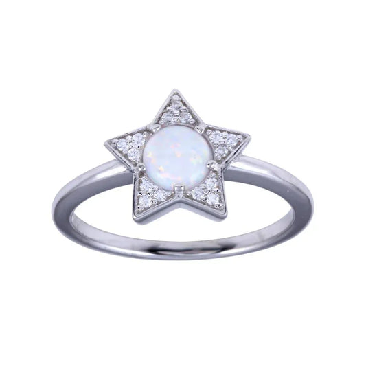 925 Sterling Silver Rhodium Plated Opal Stone Star With CZ Ring