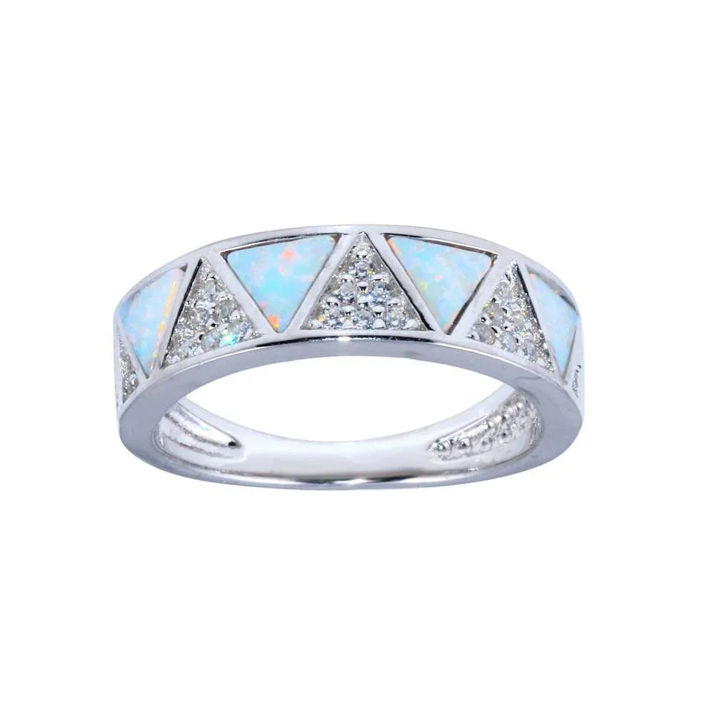 925 Sterling Silver Rhodium Plated Opal Stone Triangle With CZ Ring