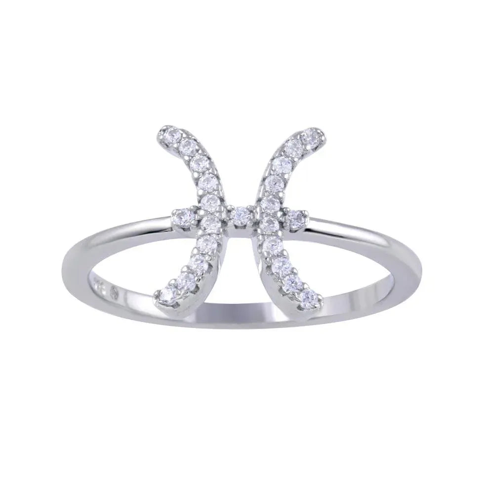 925 Sterling Silver Rhodium Plated Pisces CZ Zodiac Sign Ring