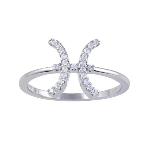 925 Sterling Silver Rhodium Plated Pisces CZ Zodiac Sign Ring