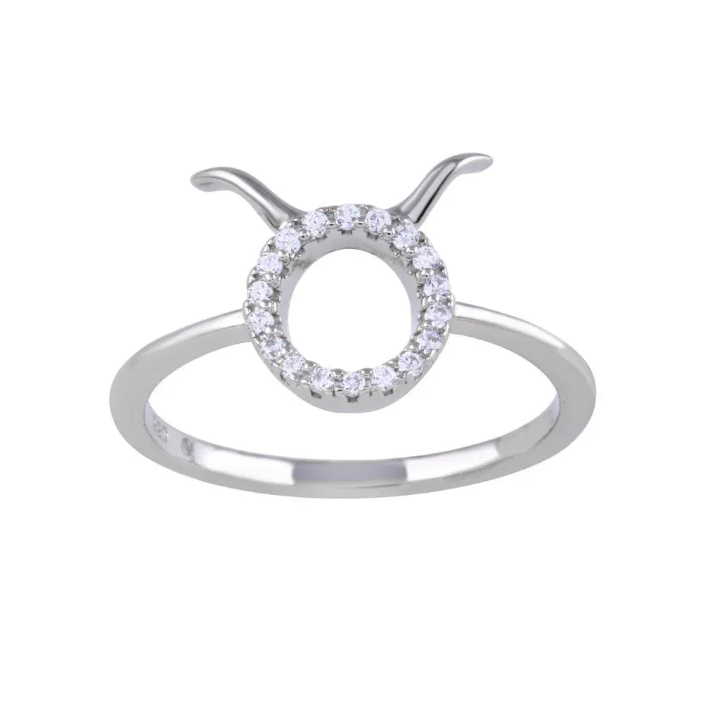 925 Sterling Silver Rhodium Plated Taurus CZ Zodiac Sign Ring