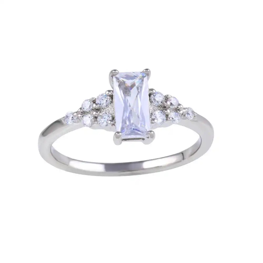925 Sterling Silver Rhodium Plated Clear Baguette and CZ Ring