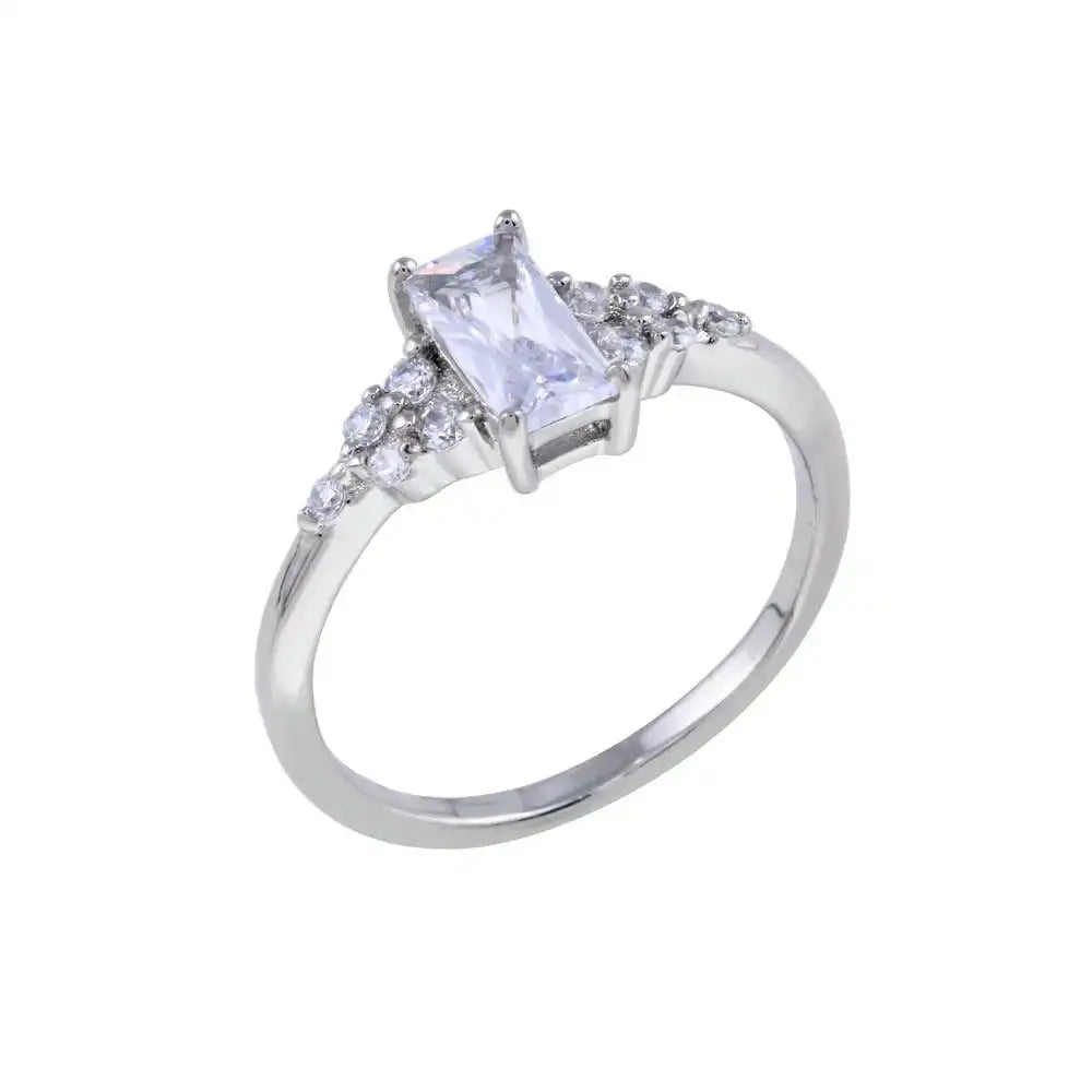 925 Sterling Silver Rhodium Plated Clear Baguette and CZ Ring