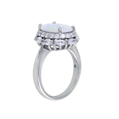 925 Sterling Silver Rhodium Plated Opal and Clear CZ Ring