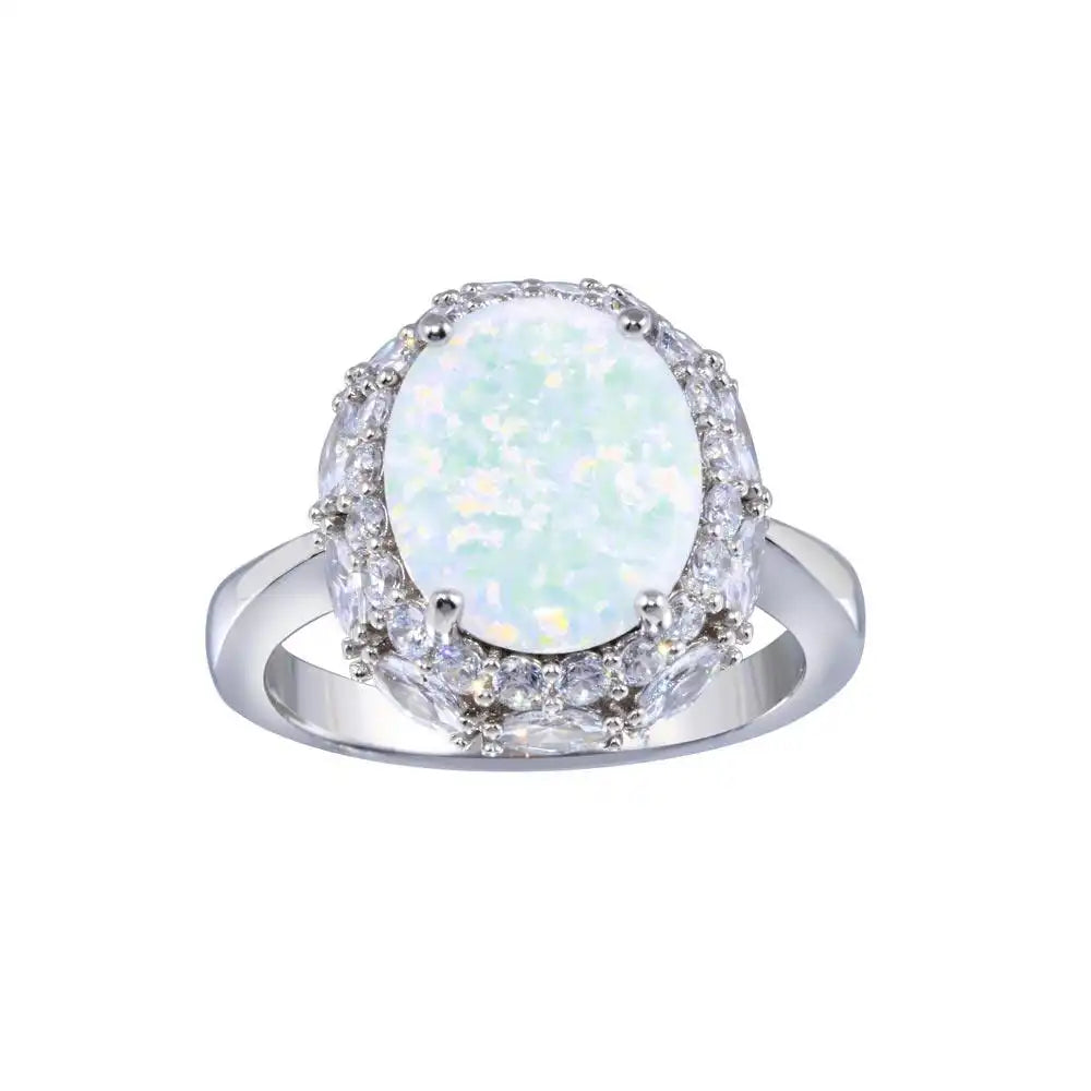 925 Sterling Silver Rhodium Plated Opal and Clear CZ Ring