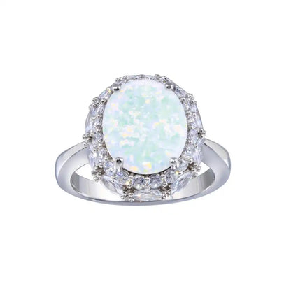 925 Sterling Silver Rhodium Plated Opal and Clear CZ Ring