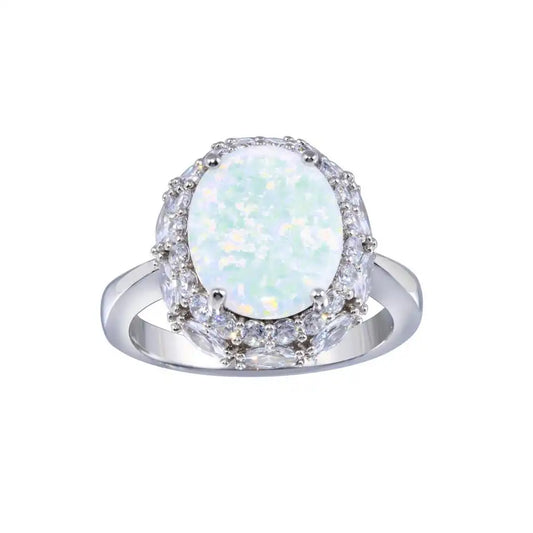 925 Sterling Silver Rhodium Plated Opal and Clear CZ Ring