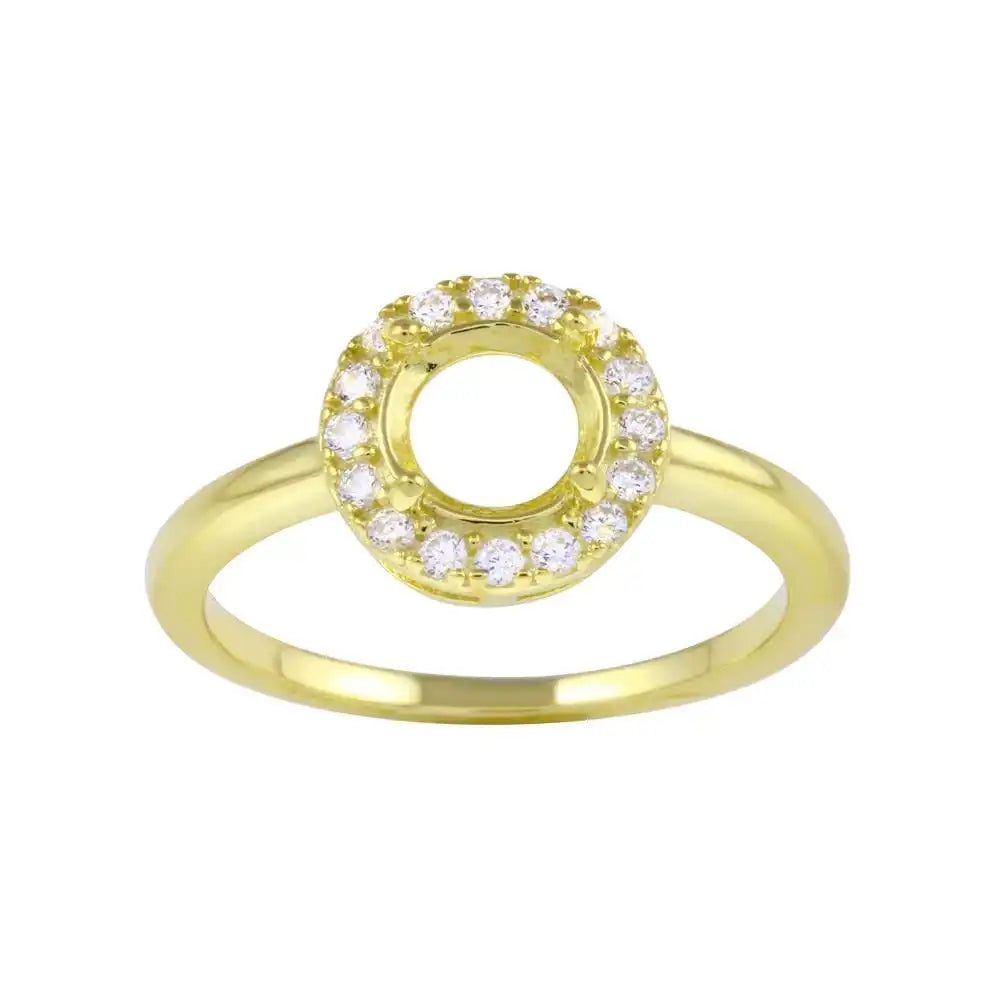 925 Sterling Silver Gold Plated Clear CZ Round Mounting Ring
