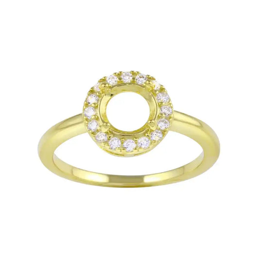 925 Sterling Silver Gold Plated Clear CZ Round Mounting Ring