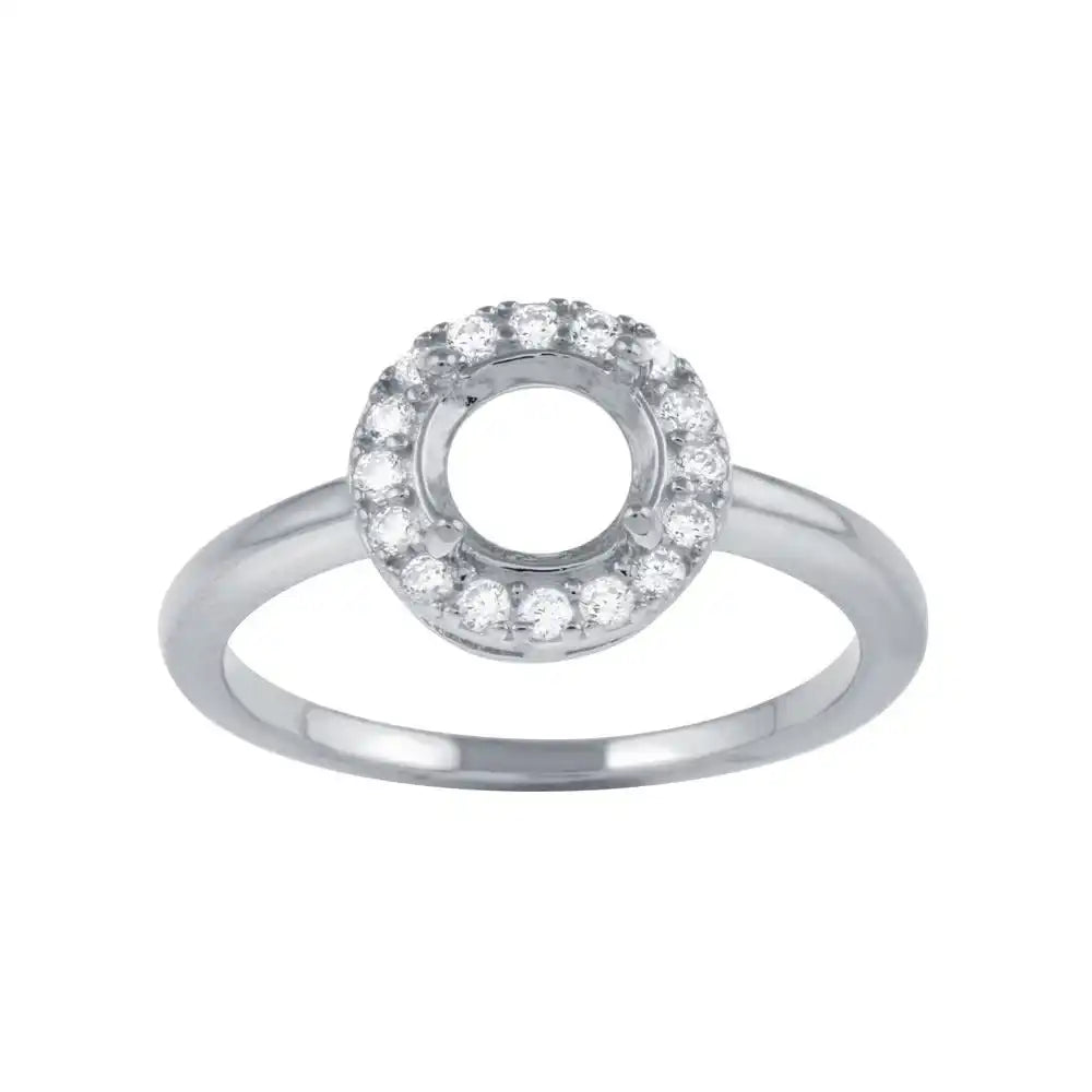925 Sterling Silver Rhodium Plated Clear CZ Round Mounting Ring