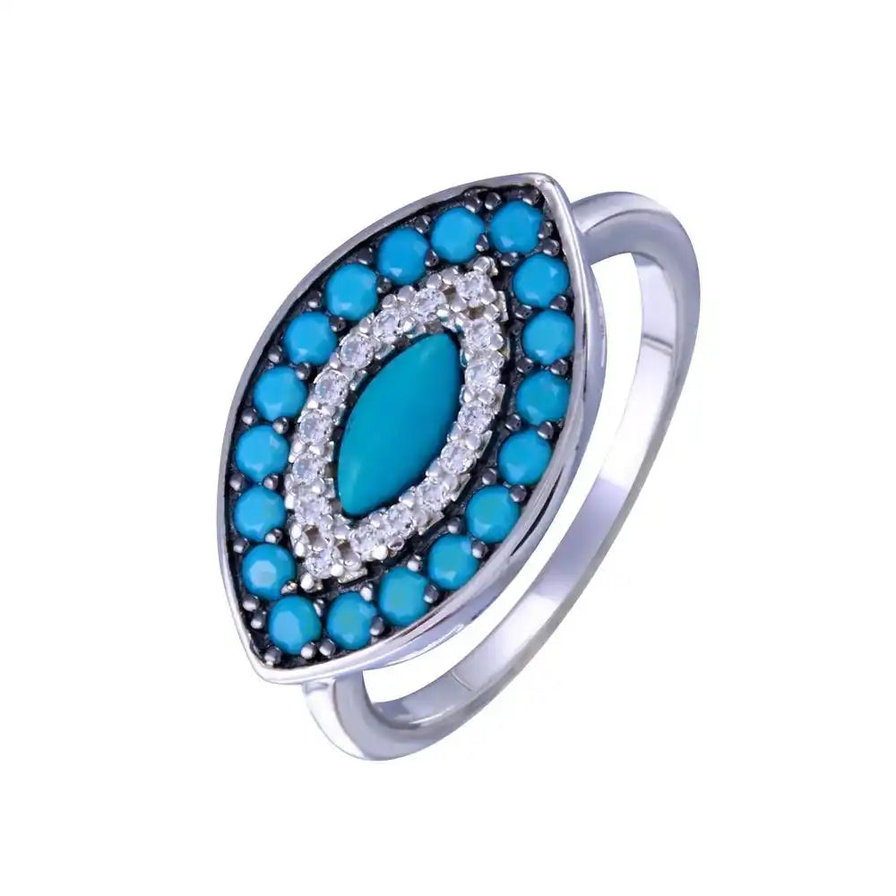 925 Sterling Silver Rhodium Plated Turquoise Clear CZ Evil Eye Ring