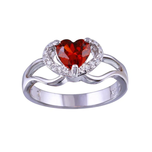 925 Sterling Silver Rhodium Plated Heart Red and Clear CZ Ring