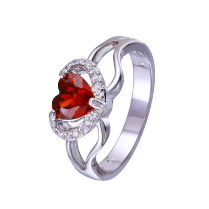 925 Sterling Silver Rhodium Plated Heart Red and Clear CZ Ring
