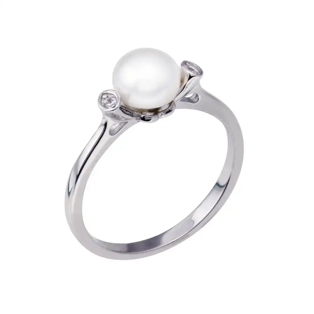 925 Sterling Silver Rhodium Plated Mother of Pearl Clear CZ Ring