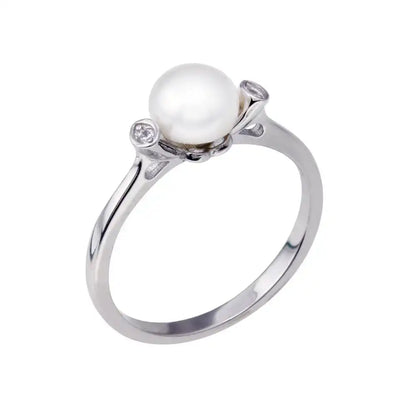 925 Sterling Silver Rhodium Plated Mother of Pearl Clear CZ Ring