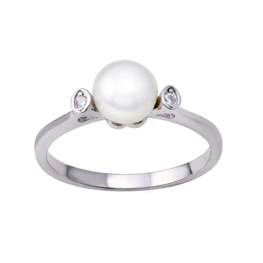 925 Sterling Silver Rhodium Plated Mother of Pearl Clear CZ Ring