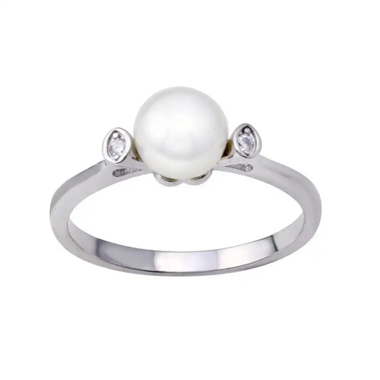 925 Sterling Silver Rhodium Plated Mother of Pearl Clear CZ Ring