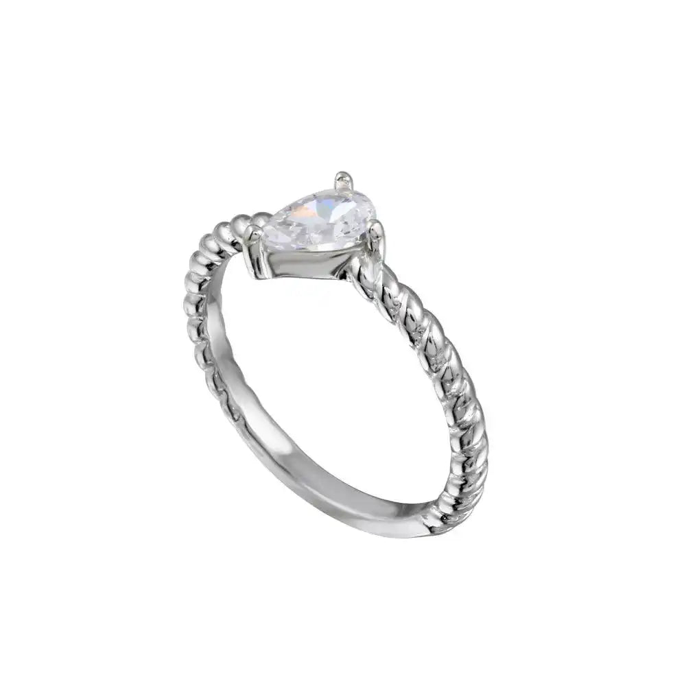 925 Sterling Silver Rhodium Plated Angled Teardrop CZ Ring