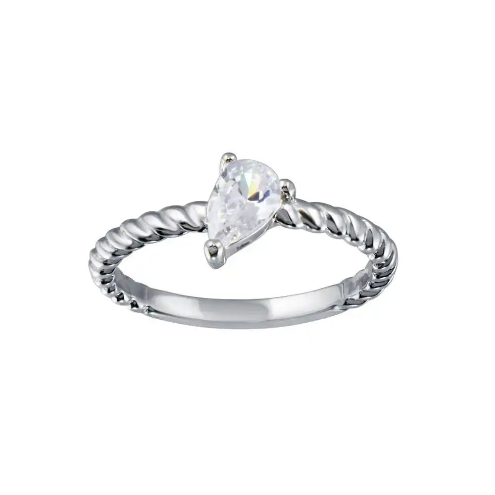 925 Sterling Silver Rhodium Plated Angled Teardrop CZ Ring