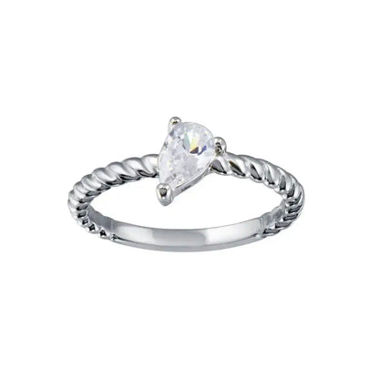925 Sterling Silver Rhodium Plated Angled Teardrop CZ Ring
